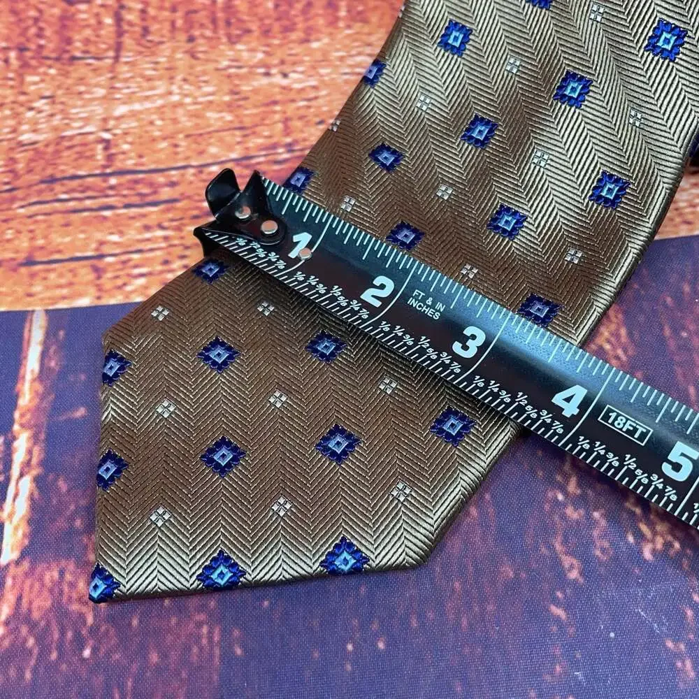 Chaps Silk Necktie Gold Brown Blue Geometric Diamond Chevron Pattern